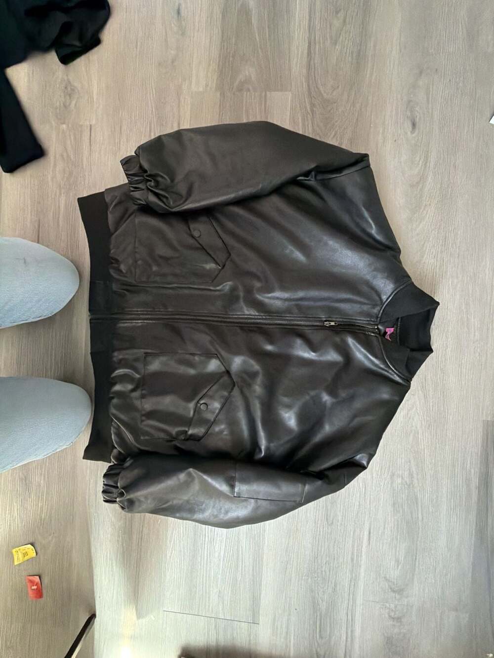Edikted Faux Leather Bomber Jacket with Zippered Sleeve Pocket